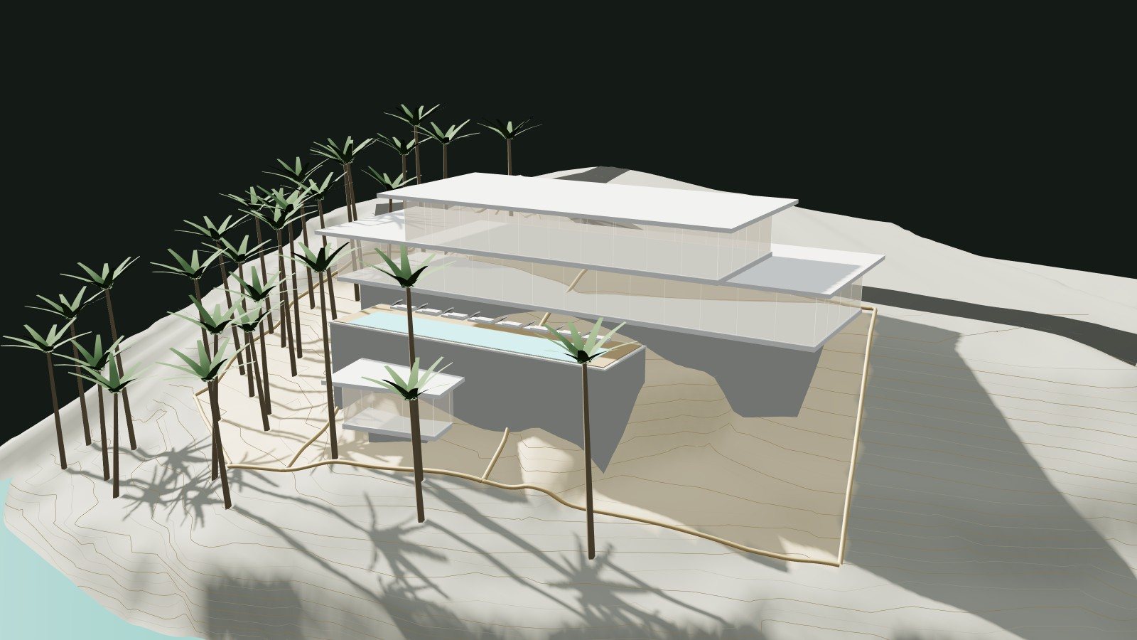 Concept A: one long glass house along the upper terrace, a pool terrace and a pavilion below